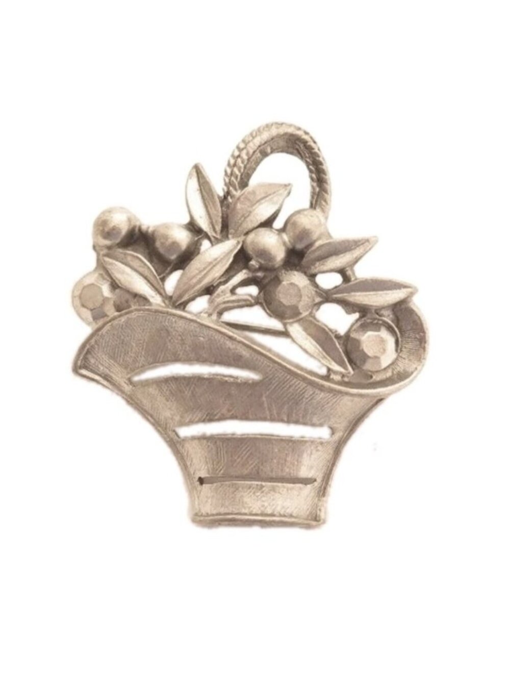 Vintage Silver Toned Basket of Flowers Pin‎ Brooch
